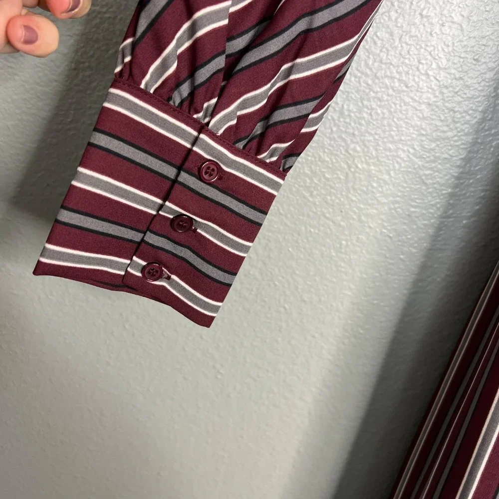 NWOT Chelsea28 Long Sleeve Striped‎ Wrap Dress Midi V-Neck Burgandy XS